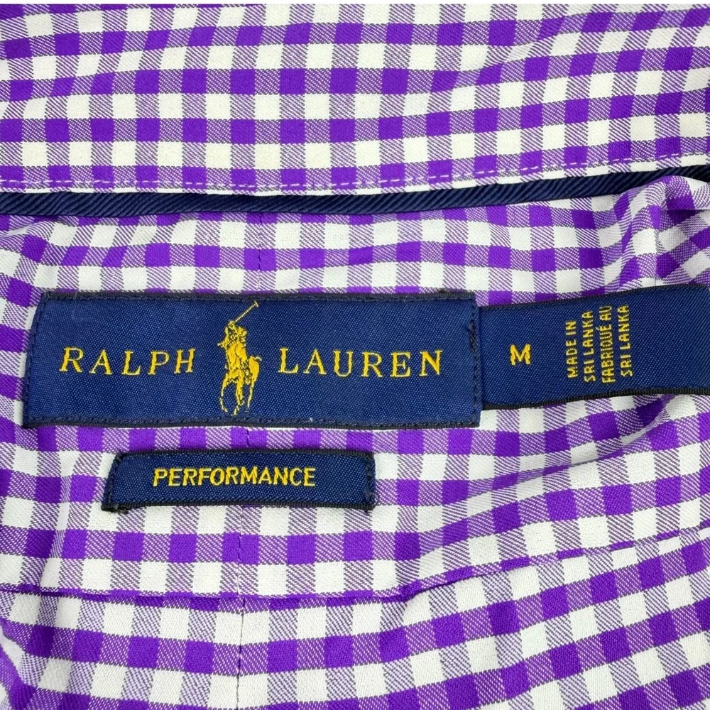 Polo Ralph Lauren Performance Mens M Gingham Shirt Purple White Long Sleeve Golf